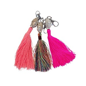 Key holder/Bag Jewel with Silver Buddha Head and Pompom - Keychain - Accessories, Tassel During Buddha