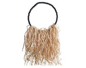 Raffia and wooden bead wall decoration - Wall natural decor - Raffia Grass Straw - Coastal Raffia Fringe - Raffia Decor