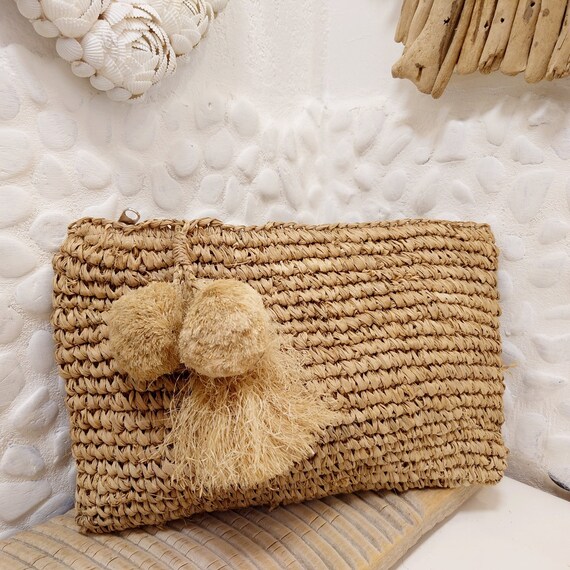 Sac Pochette En Paille Avec Pompons - Clutch Artisanale - Neuf Avec étiquettes
