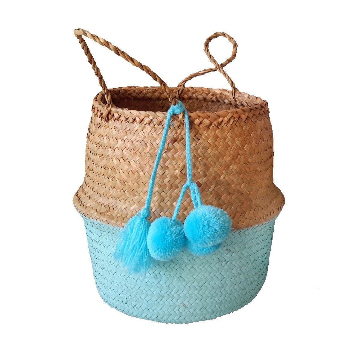 Panier Boule Aqua en Jonc de Mer Naturel avec Pompons
