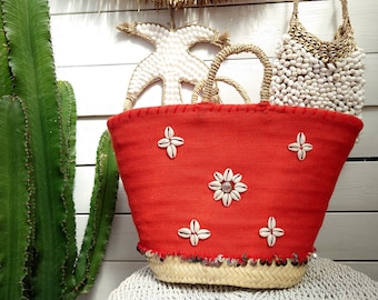 Cestino da spiaggia rosso con conchiglie; Borsa da spiaggia; Borsa