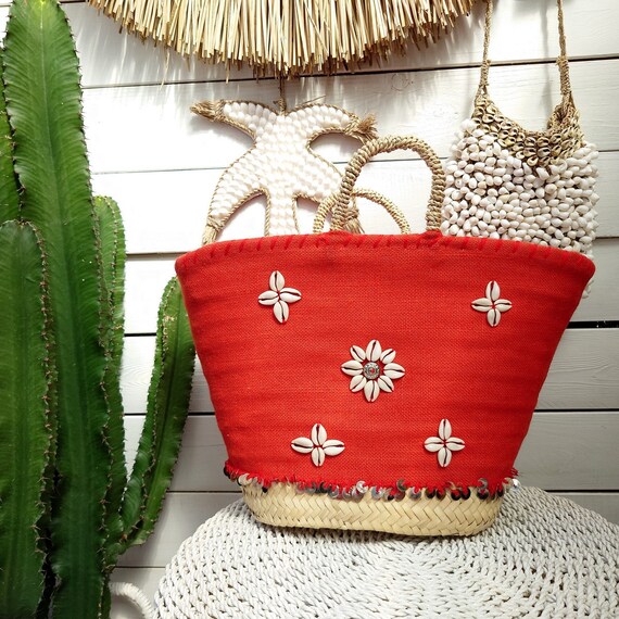 Red Beach Basket With Shells Beach Bag Natural Fiber Bag Tote Bag Straw Bag Beach Bag Borsa Da Spiaggia Etsy Ireland
