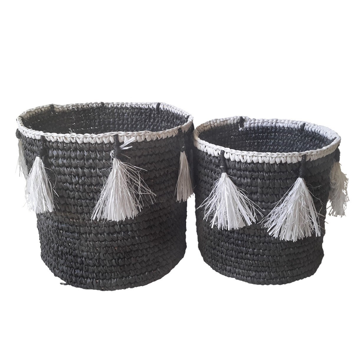 Paniers Lenny, Gris à Pompons - Paniers de Rangement en Fibre Naturelle Panier Bohochic