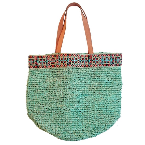 Sac en raphia turquoise brodé; Panier de plage; Beach basket; Raffia tote;  Raffia beach bag; Sac de plage; Borsa di spiaggia
