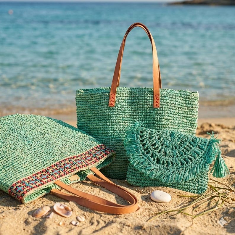 K&ouml;nnte beinhalten: Drei Strandtaschen aus gr&uuml;nem Weidengeflecht mit braunen Ledergriffen und Akzenten. Eine Tasche hat einen bestickten Rand. Eine kleine Clutch mit Fransen und Quaste ist ebenfalls vorhanden. Die Taschen liegen an einem Sandstrand mit Meer im Hintergrund.