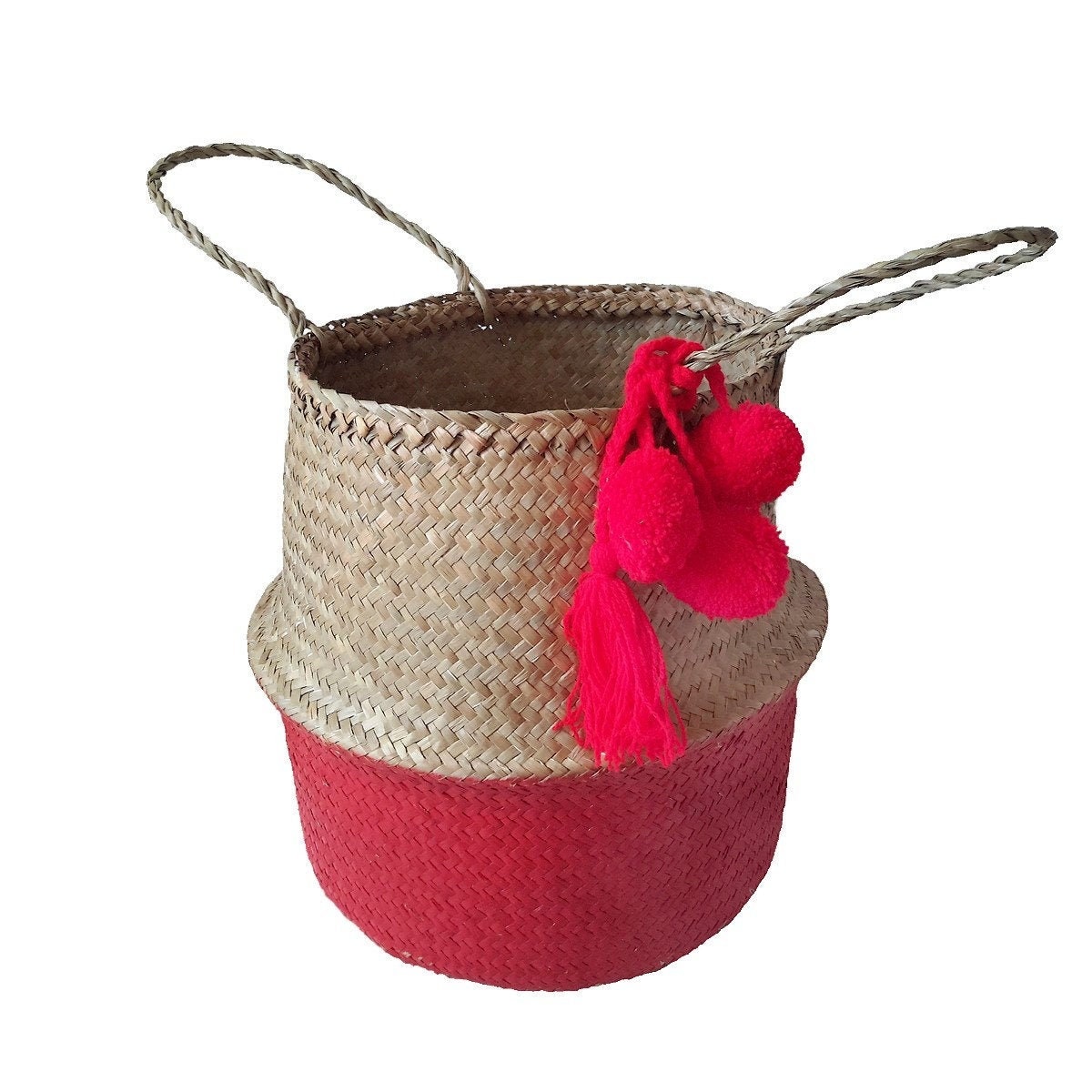 Panier Boule Rouge en Jonc de Mer Naturel avec Pompons