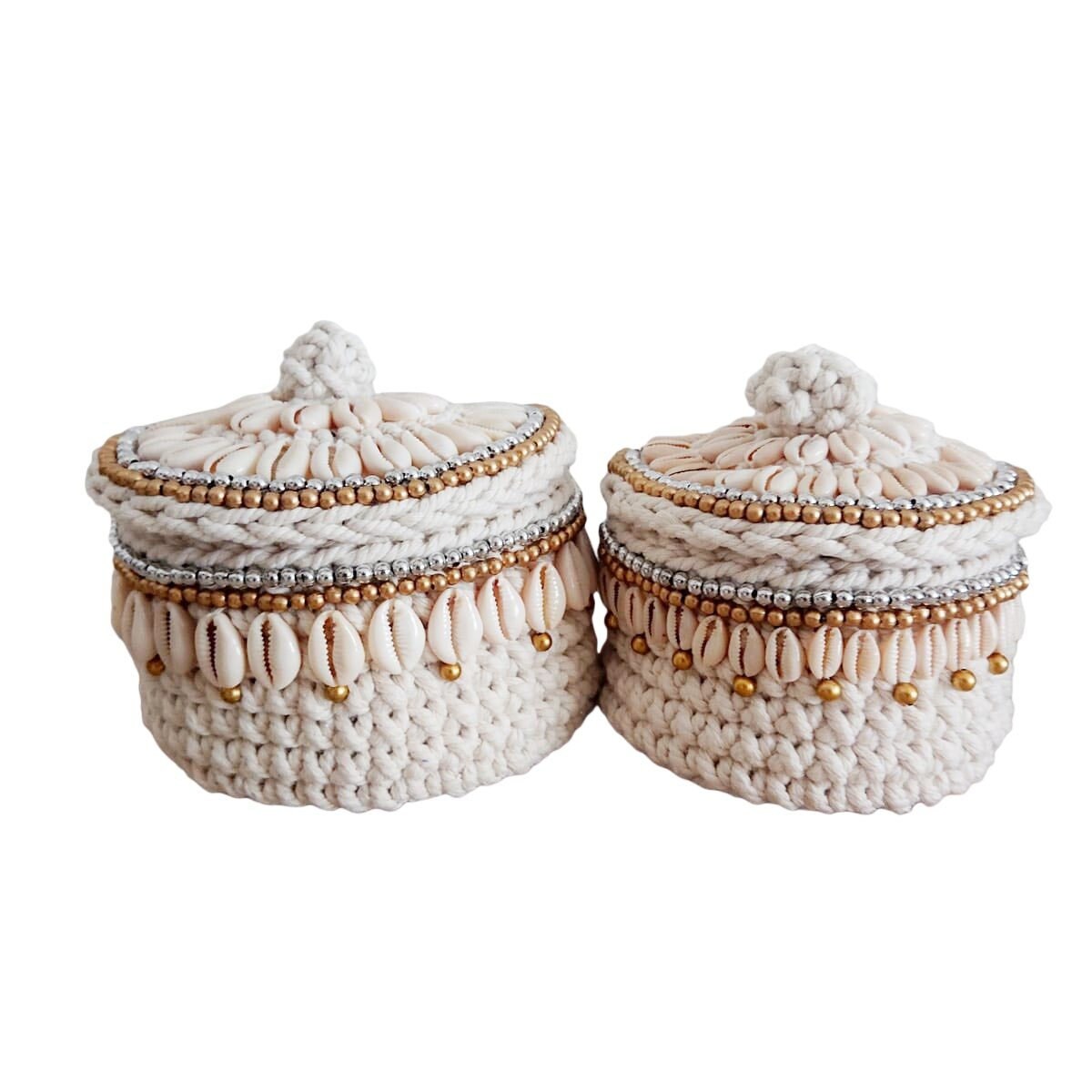 Panier en Crochet Cara, Blanc/Beige