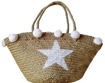 Star beach basket in seagrass, white tassels; Beach bag; Tote bag; Straw bag; Beach bag; Borsa da spiaggia