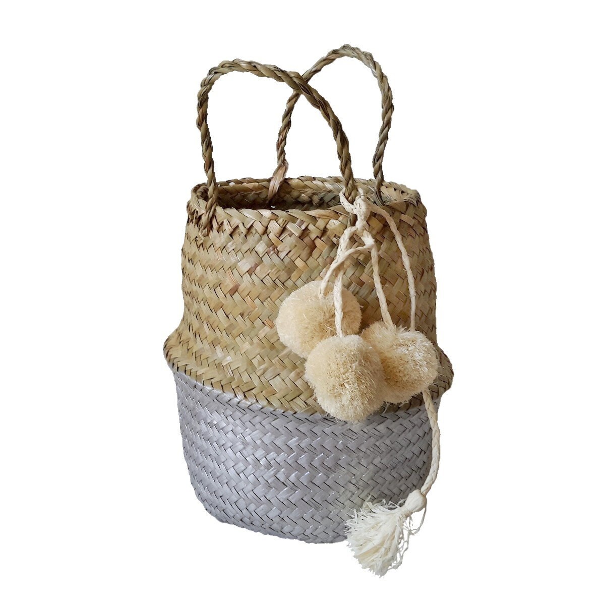 Panier Boule Argent en Jonc de Mer Naturel avec Pompons