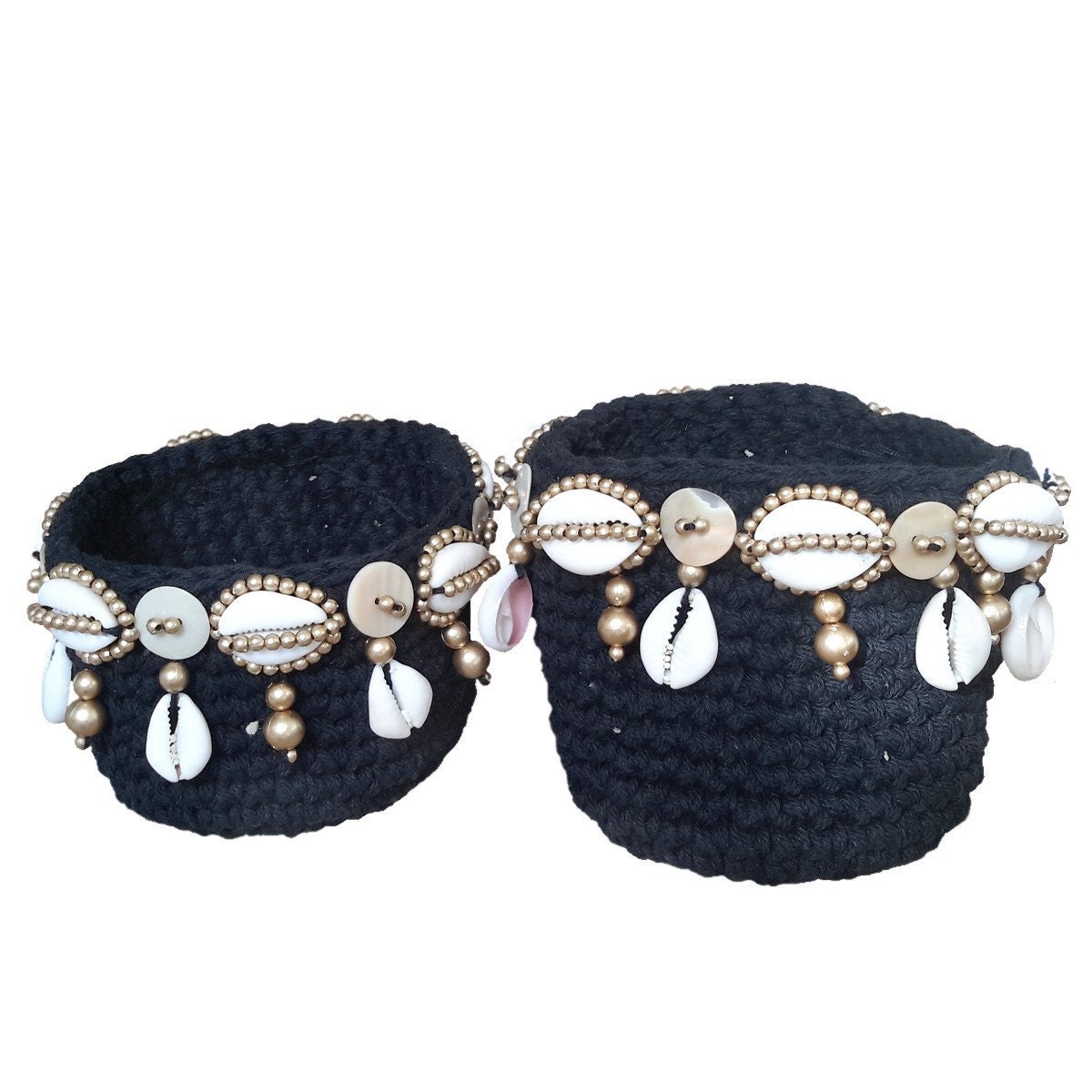 Panier en Crochet Noir - Coupelle à Bijoux Rangement Maquillage Porte Bougies Pot Pour Les Fleur