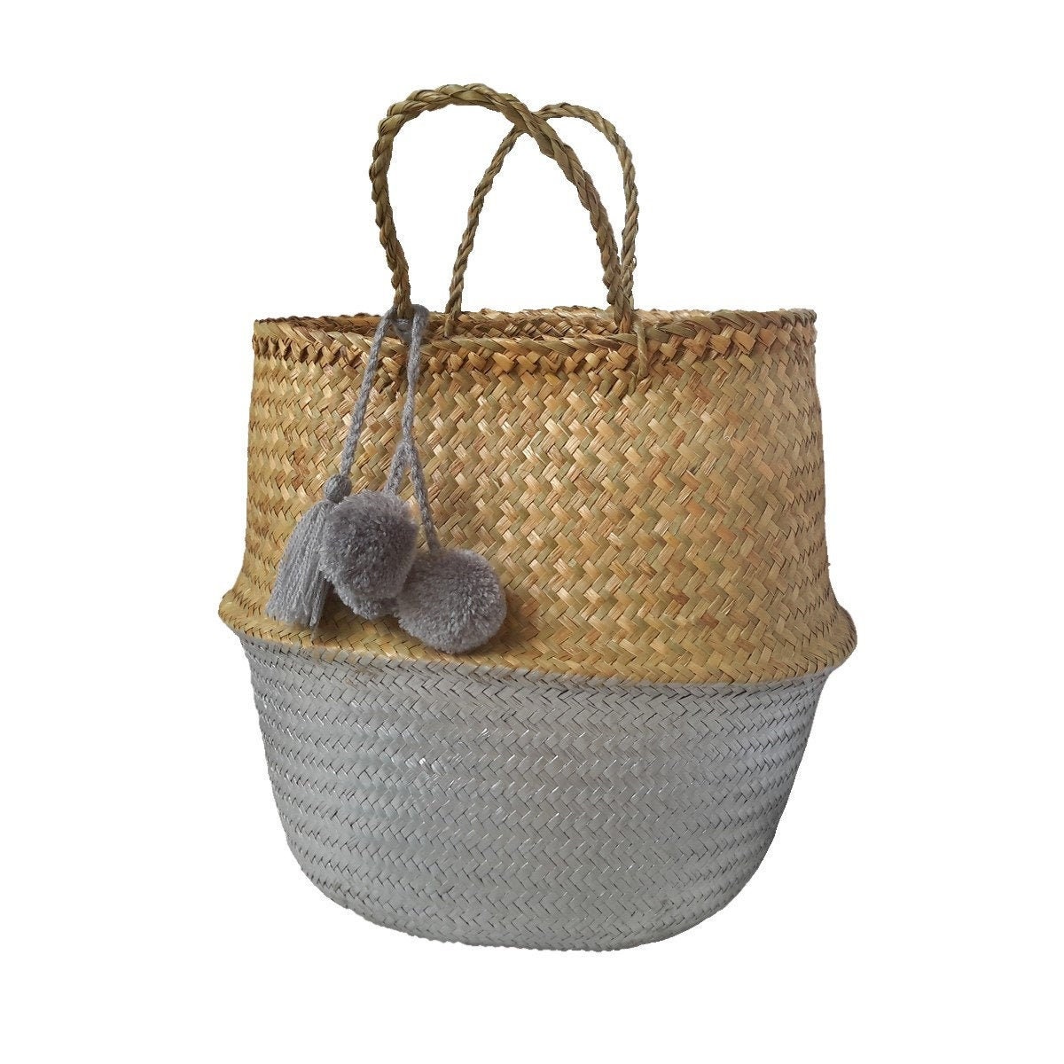 Panier Boule Bona Argent en Jonc de Mer Naturel avec Pompons