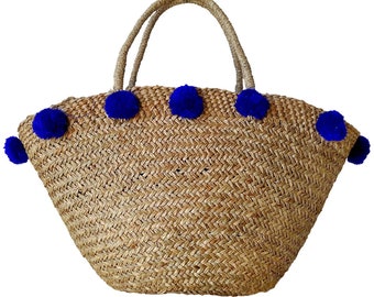 Pom-pom beach basket - Beach bag - Straw bag - Straw handbag - Beach bag - Borsa da spiaggia