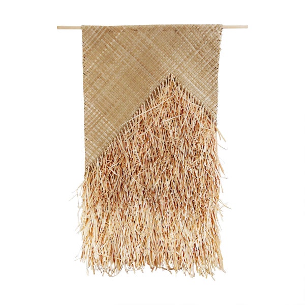 Tissage murale Boho en fibre végétal - Style Fringed Natural Wall Hanging - Handwoven bamboo - Raffia Grass Tapestry - Coastal Wall Art