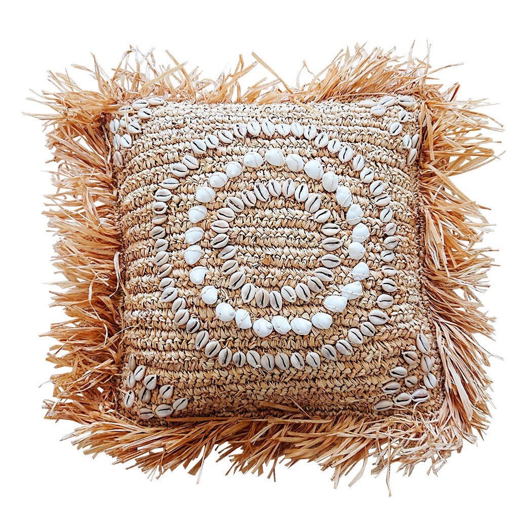 Housse de Coussin Shelly en Raphia Naturel et Coquillages, 40x40