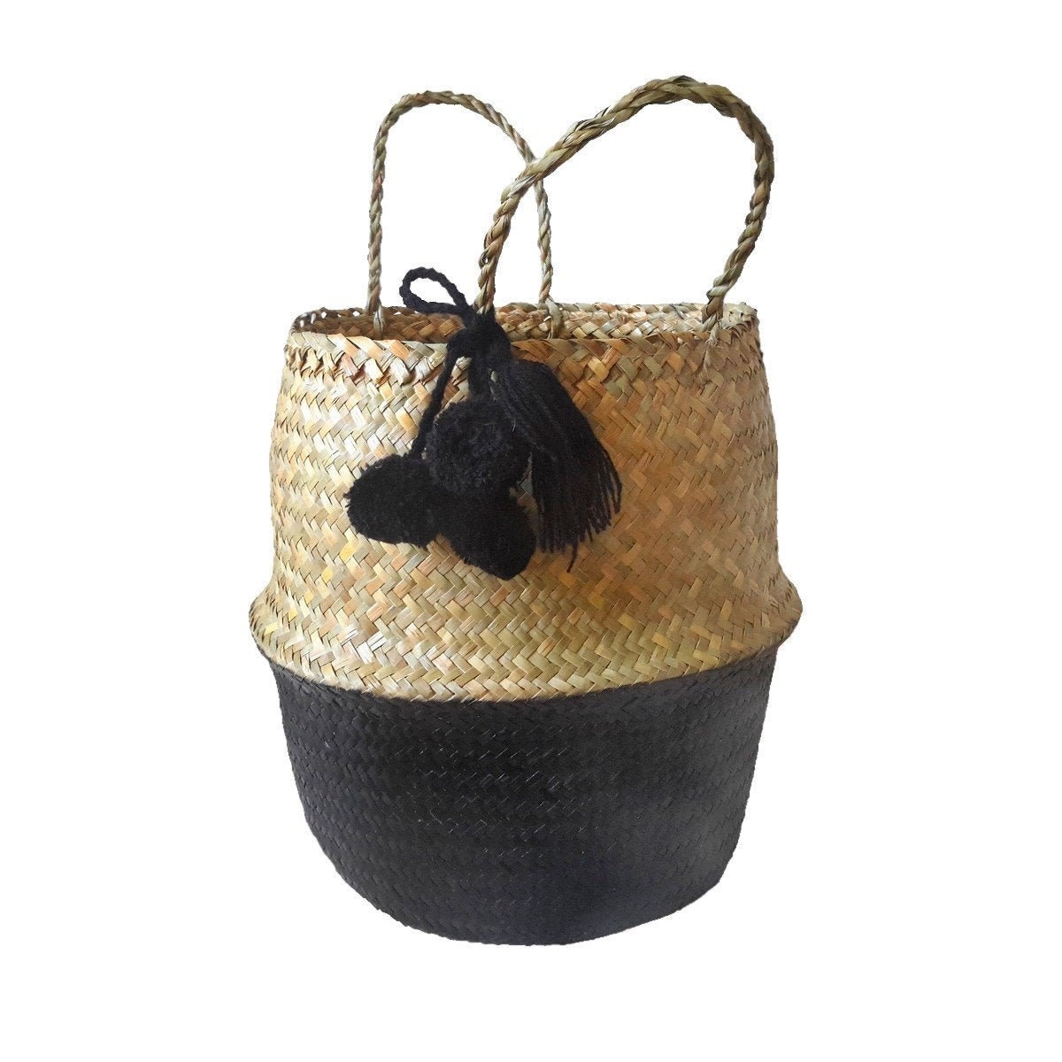 Panier Boule Blanc en Jonc de Mer Naturel avec Pompons