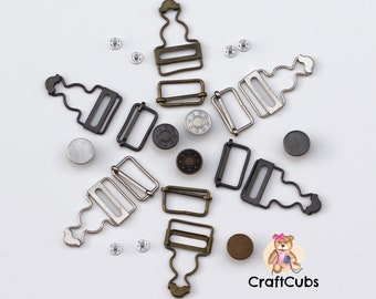 1 Pair of 25mm Dungaree Clips / Overalls Buckles with Matching Adjustable Sliders and Buttons / Black Bronze Silver