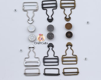 1 Pair of 32mm (1.25 inch) Dungaree Clips / Overalls Buckles with Matching Adjustable Slider and Button // Black Bronze Silver