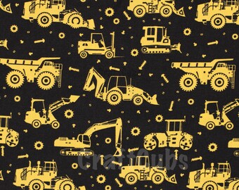 white yellow fat quarter cotton poplin with construction vehicles on black