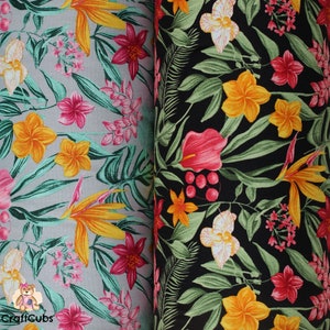 Floral Para Paradise Cotton Poplin Fabric in Black, Grey // flower, bird of paradise, fern // in Fat Quarter, Metre..for quilting, sewing