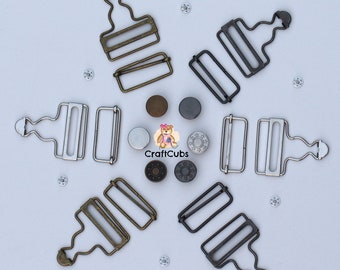 1 Pair of 38mm Dungaree Clips / Overalls Buckles with Matching Adjustable Slider and Button in 38mm (1.5") // Black Bronze Silver