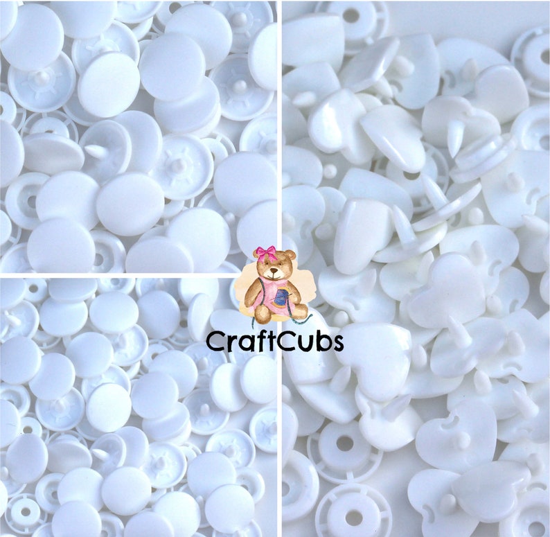 B3 Kam Snaps in White: Heart, Glossy or Matte // Size 20 or T5 // available in many colours // snap fastener, plastic snaps image 1