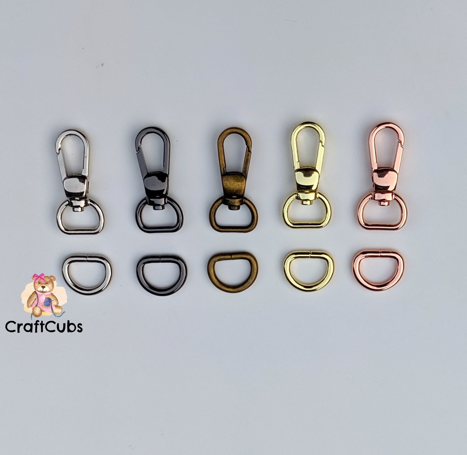 D Rings and Swivel Hooks in Black Rose Gold Gold Silver 