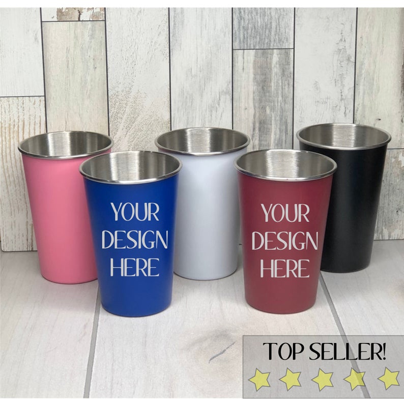 Custom Laser Engraved Cups, Personalized Stainless Steel Pint Glass, Bridal Shower Gift, Girls Weekend Cup, Groomsmen Gift, Party Favor Cups image 1