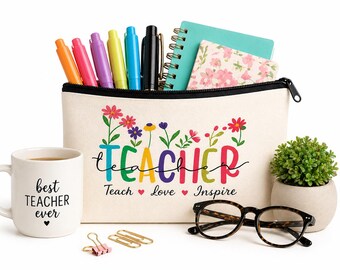 Teacher Canvas Zipper Pouch | Teach Love Inspire Cosmetic Bag | Teacher Appreciation Gift | End of Year Teacher Gift | Cosmetic Bag