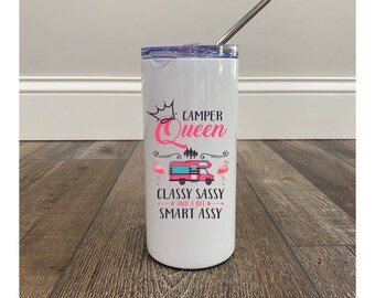 Grappige Camping Tumbler, Camping koningin tuimelaar, Sassy Tumbler, Sarcastisch cadeau voor haar, Tumbler met deksel en stro, Gepersonaliseerde Camp Tumbler