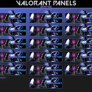 Könnte beinhalten: Ein Satz von 15 Valorant Twitch-Panels mit dem Charakter KAYO. Die Panels sind in einem futuristischen Neon-Look gestaltet und beinhalten verschiedene Social-Media-Links wie Twitter, YouTube und Instagram.