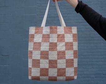 Quilted Linen Checkered Tote | Linen Tote Bag | Checkered Tote Bag