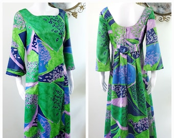 Elegant 1960s/1970s slim maxi dress, party dress, hostess gown. Silky Tricel, bold print, green, blue and purple. UK 10-12 approx.