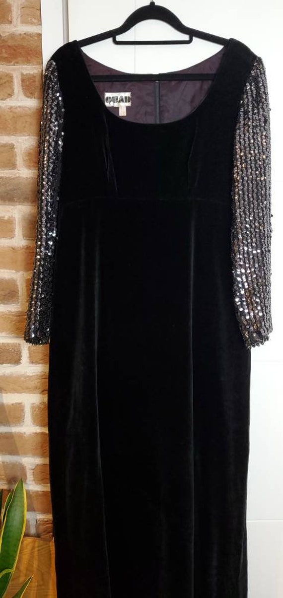 70s long evening dress by Quad - black velvet & s… - image 7