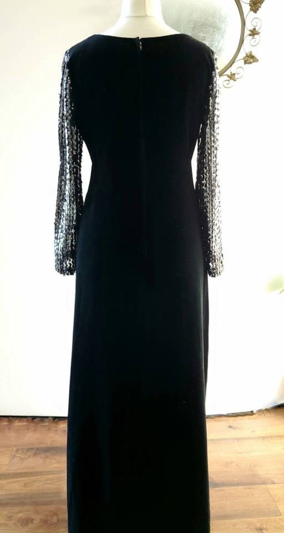 70s long evening dress by Quad - black velvet & s… - image 4