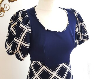 1970s empire waist, puff sleeve maxi by Richard Shops. Blue and white.  UK 10 approx