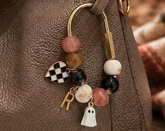 Halloween Initial Bag Charm - Custom Bag Charm for Fall - Beaded Fall Purse Charms - Personalized Fall Keychain - Boho Bag Accessory - Ghost