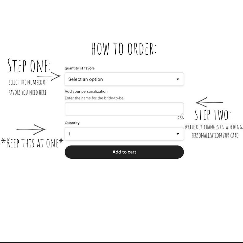 K&ouml;nnte beinhalten: Ein Screenshot einer Produktseite eines Online-Shops, der zeigt, wie man Hochzeitsgeschenke bestellt. Die Seite enth&auml;lt ein Dropdown-Men&uuml; zur Auswahl der Anzahl der Geschenke, ein Textfeld zum Hinzuf&uuml;gen einer Personalisierung und einen Button, um den Artikel in den Warenkorb zu legen. Der Text "STEP ONE: SELECT THE NUMBER OF FAVORS YOU NEED HERE" und "STEP TWO: WRITE OUT CHANGES IN WORDING PERSONALIZATION FOR CARD" ist ebenfalls sichtbar.