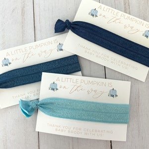 May include: Three blue and light blue hair ties with cards that say "A little pumpkin is on the way" and "Thank you for celebrating Baby Brody with us!"