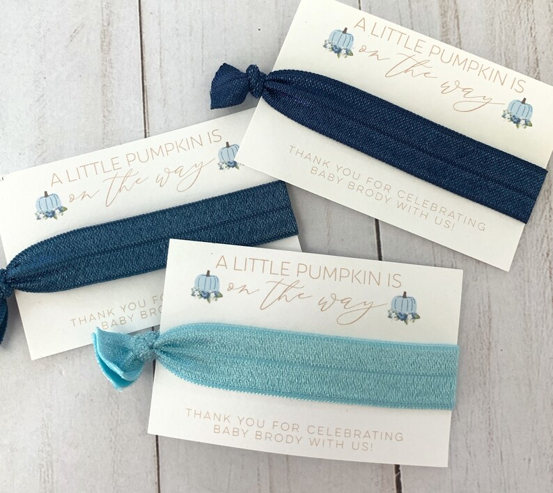 May include: Three blue and light blue hair ties with cards that say "A little pumpkin is on the way" and "Thank you for celebrating Baby Brody with us!"