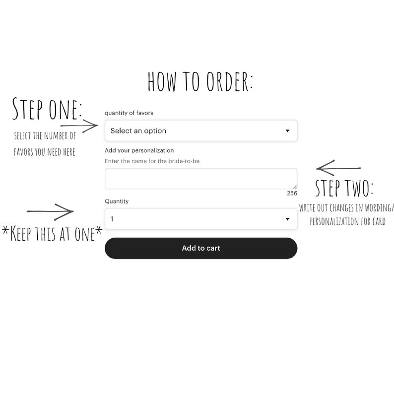 May include: A screenshot of a website showing how to order wedding favors. The website has a form with fields for quantity, personalization, and a button to add to cart. The text on the website says "STEP ONE: SELECT THE NUMBER OF FAVORS YOU NEED HERE", "STEP TWO: WRITE OUT CHANGES IN WORDING/PERSONALIZATION FOR CARD", and "*KEEP THIS AT ONE*"