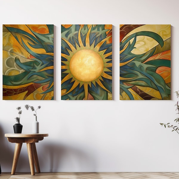 Radiant Dawn, Set of 3 Sun Wall Art Digital Download, Boho Sunburst Art, Abstract Sun Rays, Art Deco Sunburst, Bohemian Decor, Printable Art