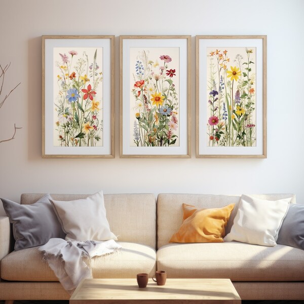 Nature's Brush Collection, Set of 3 Wildflower Prints, Neutral Wall Decor, Watercolor Art, Minimalist Flower Art, Botanical Wall Art