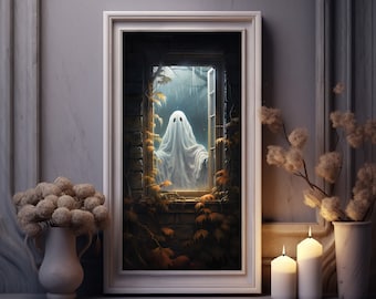 Autumn Evening Art Print, Dark Academia Painting of Cute Cartoon Ghost in The Window, Halloween Decor, Vintage Poster, Spooky, Witchy Decor