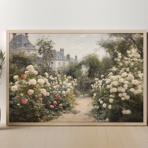 Rose Garden Cottage Painting | Vintage Art Print | Landscape Wall Art | Summer Vintage Muted Print | Cottage Oil Painting 8S-25