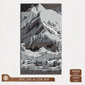 Archivo de corte SVG de escena de montaña en capas para corte láser y Cricut, proyecto cnc, archivo Glowforge