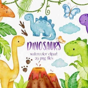 Dinossauros Aquarela Clipart Dino clip art, decoração de berçário, decoração de festa de aniversário de dinossauro, pacote de aquarela de dinossauro jurássico, arte fofa de dinossauro