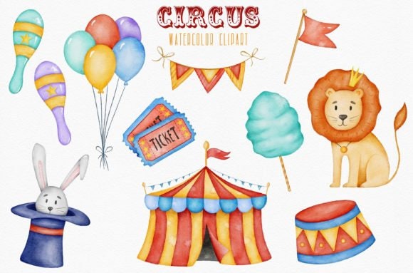 Watercolor Circus Clipart Baby Circus Animals Circus Tent Balloon ...