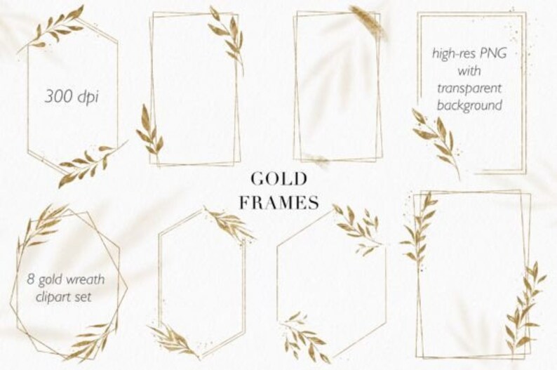 Gold Frames Clipart Floral PNG Geometric Golden Frames, DIY Wedding Invitations, Vintage Frames, Metallic Golden Frames,Invitation Template image 2