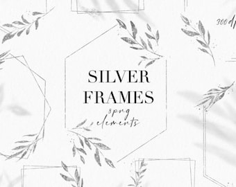 May include: A set of eight silver frames with delicate floral accents. The frames are in various shapes, including square, rectangle, and hexagon. The text "SILVER FRAMES 8 png elements" is written in the center of the image.