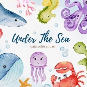 Clipart de aquarela de animais marinhos PNG clipart de peixe, clipart de peixe aquarela sob o mar, festa de aniversário de animais marinhos, clipart de golfinhos